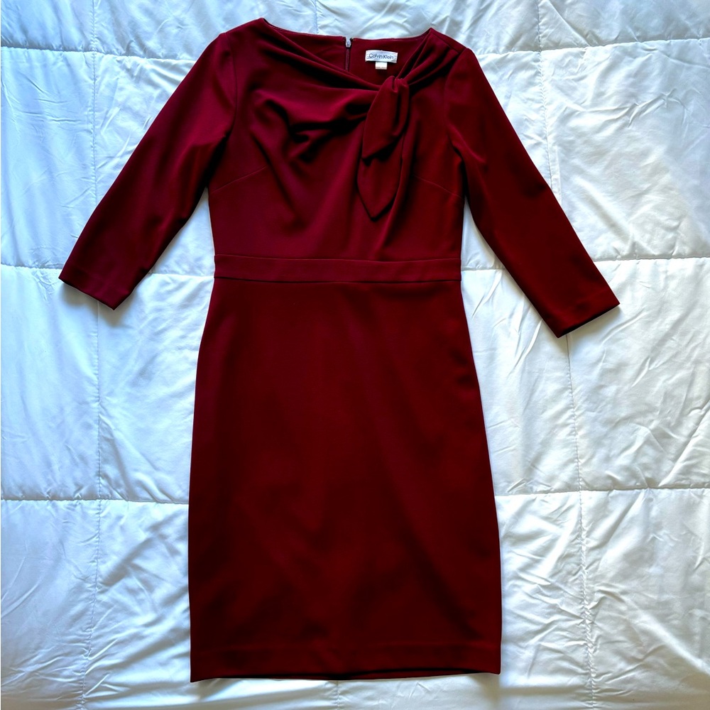 Maroon Bow-Neck 3/4-Sleeve Sheath CK Dress